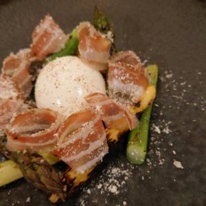 Hayashida Farm's 3-color asparagus with pancetta and soft-boiled egg