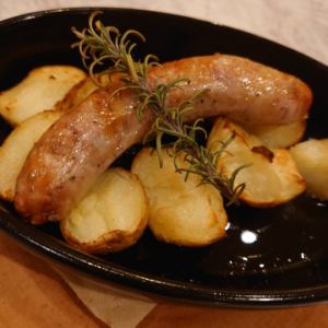 Black pork sausage and roasted new potatoes