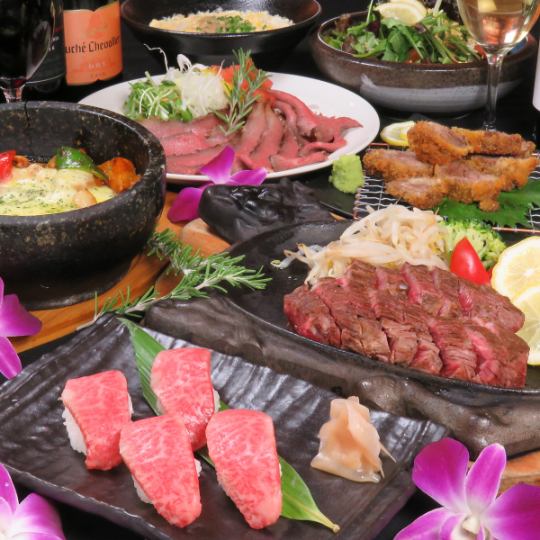 【일~목 한정】고기 스시&야키니쿠 “만족 하카타 코스” 2,500엔 【부가세 포함】+1,000엔(세금 포함)으로 80종 음방 첨부♪
