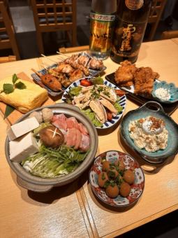 名物【鶏鍋&串コース】飲み放題2時間付き11品4500円(税込)