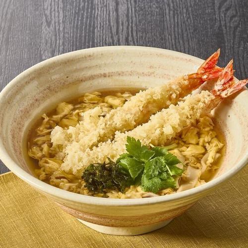 Kishimen noodles with large shrimp tempura and egg in thick sauce (2 pieces)