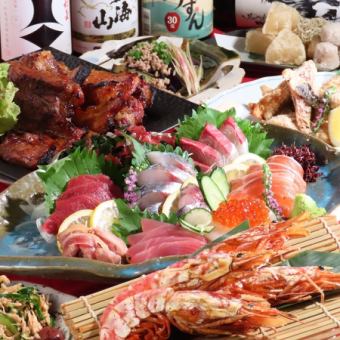 一番人気◆2hビール付飲放題◆全13品目10品◆鮮魚お造り×赤エビの姿焼き×馬刺し◆5000円(税込)