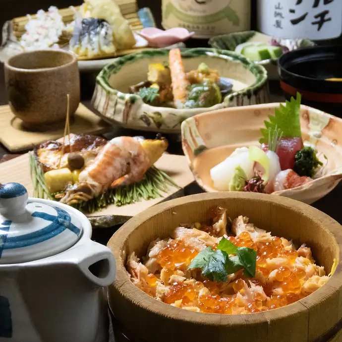 ふく亭名物】鮭といくらの番屋茶漬けコース【2時間飲み放題付き全8品