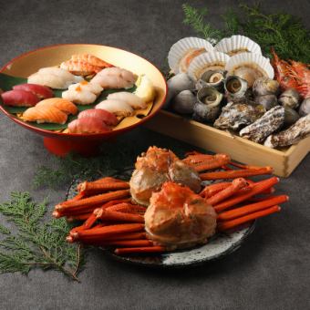 ズワイ蟹と浜焼き＆海鮮寿司＆肉寿司食べ放題【8300円】