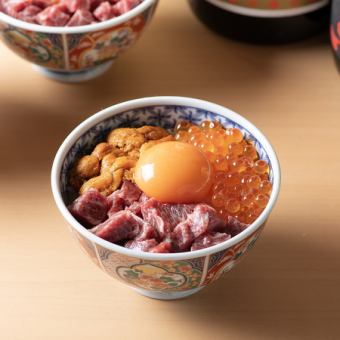 Mini pork bowl with cherry blossom yukhoe + salmon roe + sea urchin bowl