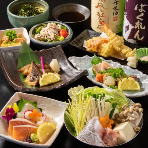 We offer a nine-course meal including sashimi of wild Setouchi sea bream and an authentic hotpot made with carefully selected dashi broth, all with 120 minutes of all-you-can-drink!