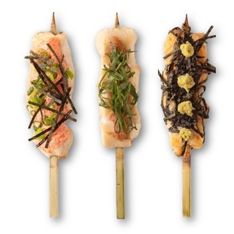 雞柳(辣鱈魚子蛋黃醬、梅子紫蘇葉、芥末醬油)