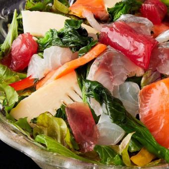 Seafood salad with colorful vegetables