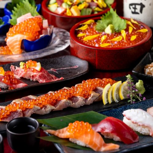 《3H飲み放題付+10品》こぼれいくらステーキなど当店人気メニュー勢ぞろい【海鮮宴コース】5500円⇒4000円