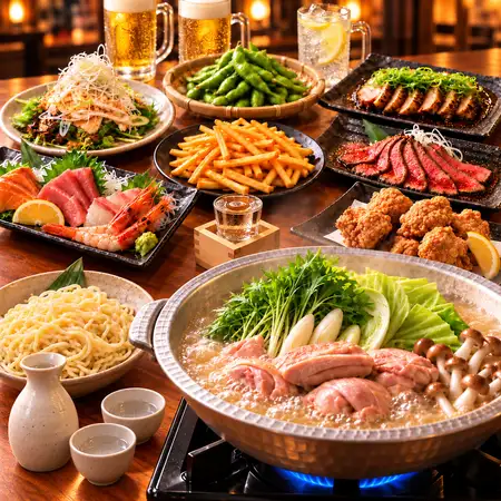 ★ 오야마 도리를 만끽 ♪ 따뜻한 본격 닭 냄비와 호화 사시미 !! 전 9 품 [내 호화 코스] 2 시간 뷔페 포함 ★
