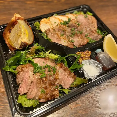 Assortment of three types of meat (beef, pork, and chicken)