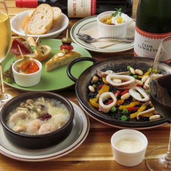 【土日祝限定！ランチコースA】前菜、アヒージョと選べるパエリア！2時間飲み放題付！