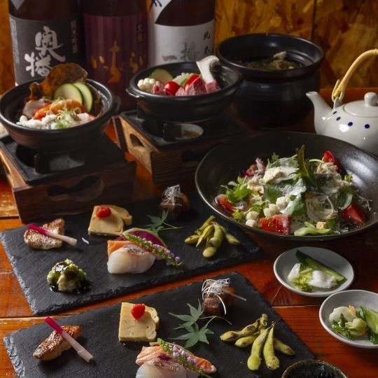 [Grilled Chicken and Seasonal Vegetables on a Ceramic Plate] The exquisite Okanya course with sea bream rice + 3-hour seating stay + 120-minute all-you-can-drink