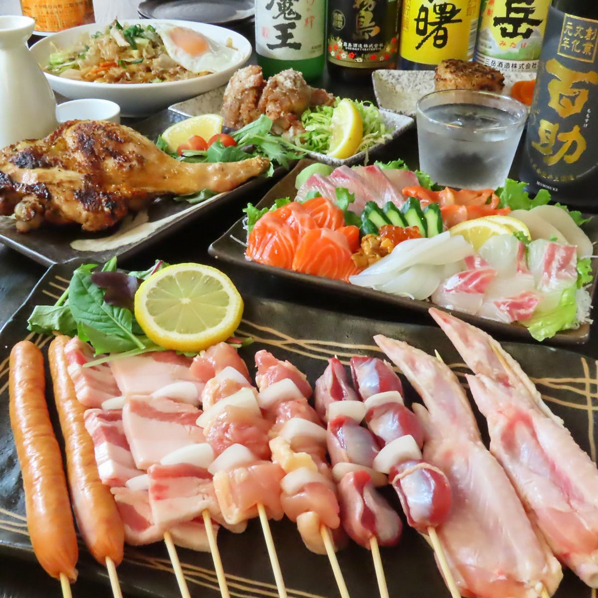 【전 11품】야키토리 6종과 생선회 담기 포함한 일품+무료 뷔페→5000엔(부가세 포함)