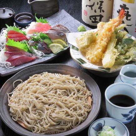 ●混合套裝●蕎麥麵+天婦羅+生魚片無限暢飲3,850日圓（含稅）+2420日圓（含稅）