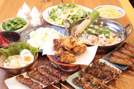 C：鸟七庭名产＆博多牛杂火锅套餐（共10道菜）4,000日元（含税）+90分钟高级无限畅饮