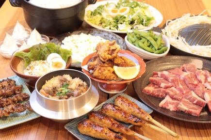D：鳥七庭名產＆鐵板燒牛肉烤肉套餐（共10道菜）附贈120分鐘高級無限暢飲5,000日元（含稅）