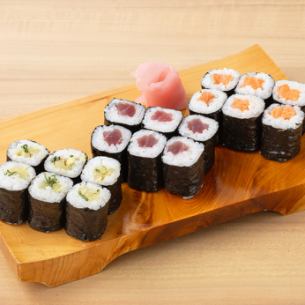Assortment of three types of rolled sushi