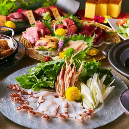 【豪华套餐】 包括牡蛎、天妇罗、生鱼片五件套的豪华套餐。3小时无限畅饮9道菜8000日元