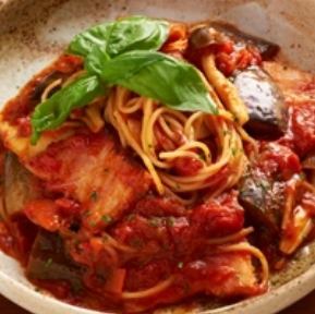 Colorful pasta with seasonal vegetables
