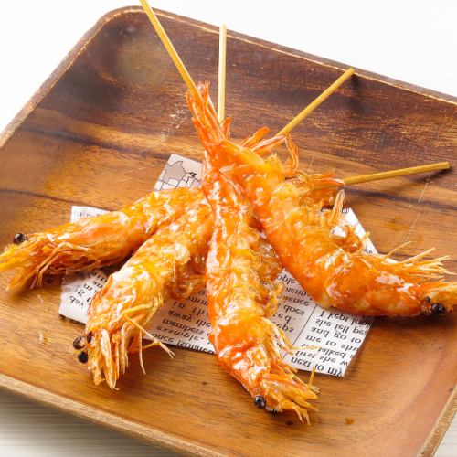 Deep-fried soft-shell shrimp skewers