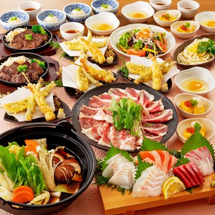 【漁火】本鮪とサーモン入り刺身盛合せや天ぷら盛合せ・選べるメイン鍋等8品+飲み放題付6000円