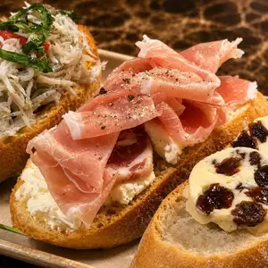 Bruschetta with ultra-thinly sliced prosciutto and mascarpone