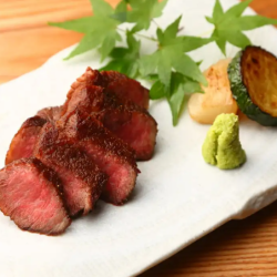 Grilled wagyu beef with salt and pepper and grilled vegetables