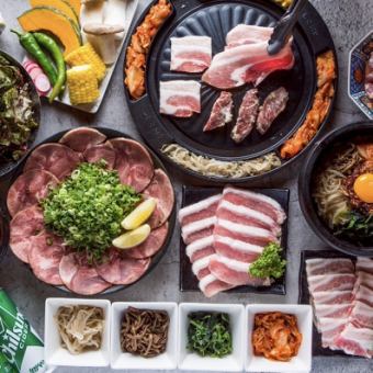 【食べ飲み放題】●韓国好き必見!!●カルメギサルとサムギョプサルの焼肉5種付き★4500→4000円