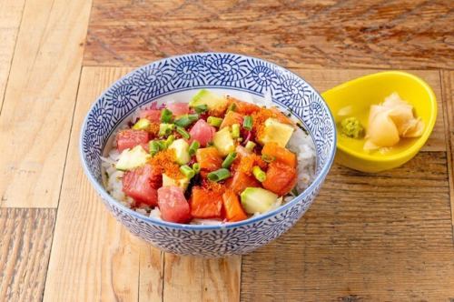 Tuna, salmon and avocado mixed poke bowl