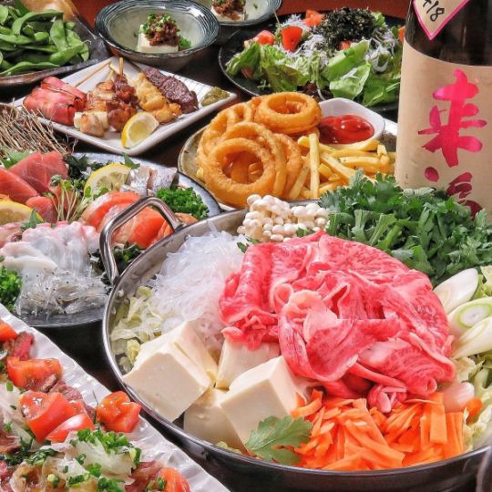 “Special Beef Suki-nabe or Carefully Selected Motsu-nabe” x “Assorted Sashimi” ★ “Luxurious hotpot course” 9 dishes, 120 minutes all-you-can-drink
