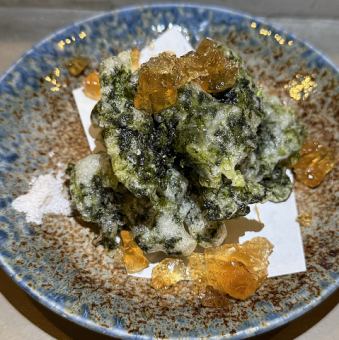 アーサーの天ぷら　柚子胡椒出汁ジュレ添え