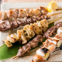 Assortment of three large yakitori skewers
