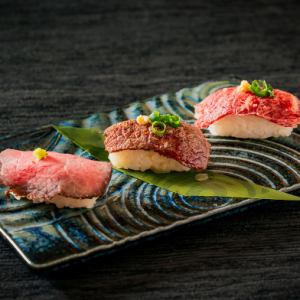超おすすめ！こだわり肉寿司の三種盛り