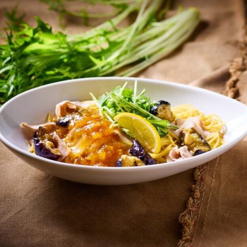 Pork, eggplant, and mizuna with grated daikon radish and ponzu sauce