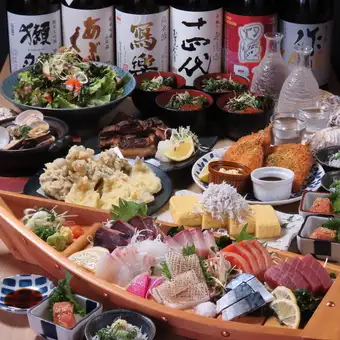 宴会【お刺身7種＆天婦羅〆は鮭、いくらの親子炒飯コース】地酒付3H飲放 12品7000円(税込)