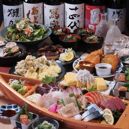 宴会【お刺身7種＆天婦羅〆は鮭、いくらの親子炒飯コース】地酒付3H飲放 12品7000円(税込)