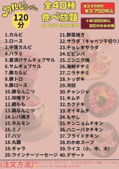 【120分食べ飲み放題コース】カルビが絶品 大満足の全40品5400円(税込)【飲み放題付】