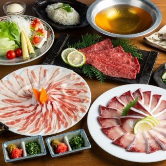 Enjoy Kagoshima [Chicken sashimi, Black pork, Black beef] 10-item shabu-shabu course with 3 types of ingredients + 2 hours [all-you-can-drink] 8,000 yen