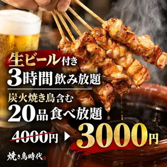 H [3小时畅饮（含生啤）] 包含炭烤鸡肉串等20种菜品的自助餐 [¥4000 → ¥3000]