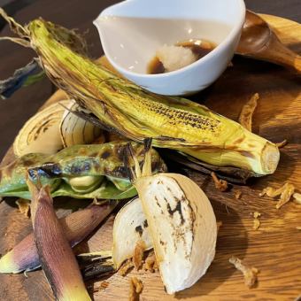 Assortment of five kinds of autumn grilled vegetables with smoked grated daikon radish and ponzu sauce