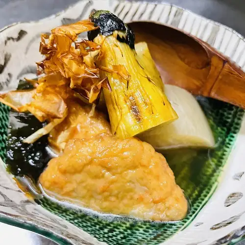 Chilled oden with summer radish and grilled eggplant ~ topped with smoked bonito flakes ~