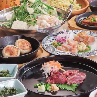 包含来自熊本的马肉刺身在内的十道菜套餐！可选九州黑毛和牛以及内脏火锅！畅饮无限！★5500日元