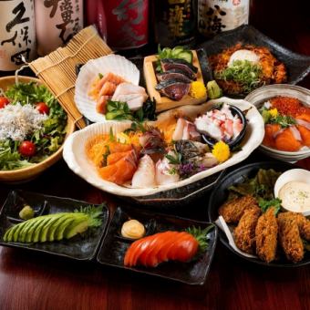「シルバーコース」お造り4点盛り× 鶏もも柚子塩焼き×天ぷら盛り3種全18品　3800円