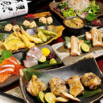 "Bronze Course": 9 dishes in total, including a platter of 2 kinds of seasonal fresh fish and 2 kinds of tempura, for 2800 yen (tax included).