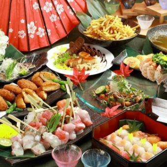 The "Gold Course" includes a 6-kind sashimi platter, grilled chicken thigh, and a 4-kind tempura platter, for a total of 22 dishes. ¥4800