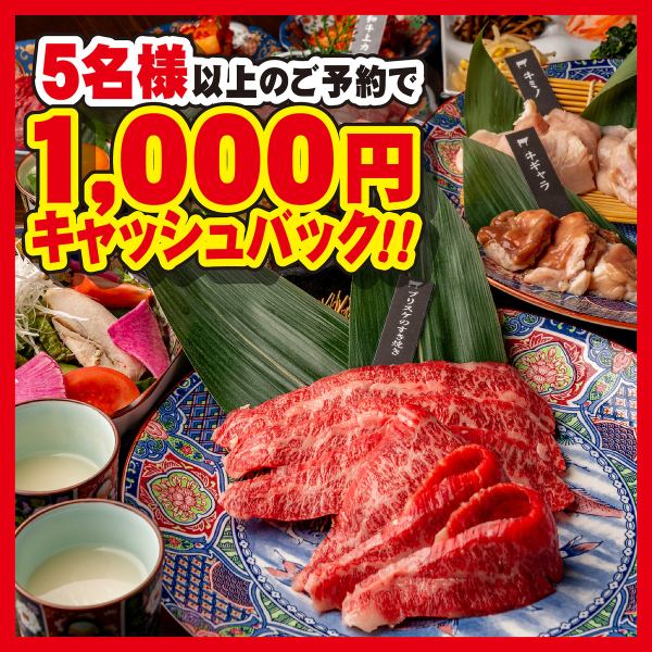 幹事様必見★5名様以上のご予約で1000円キャッシュバック★