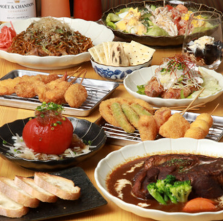 【畅饮套餐】4500日元套餐！享用6道菜，包括3道招牌串炸和人气红酒炖猪肩肉。