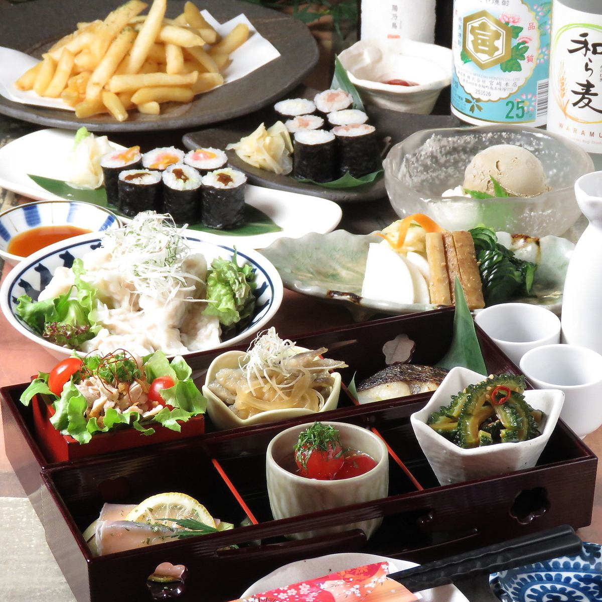 【120分飲み放題付】個別二段御重に人気のあて巻きコース4500円!