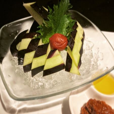 Osaka Senshu water eggplant sashimi with plum miso